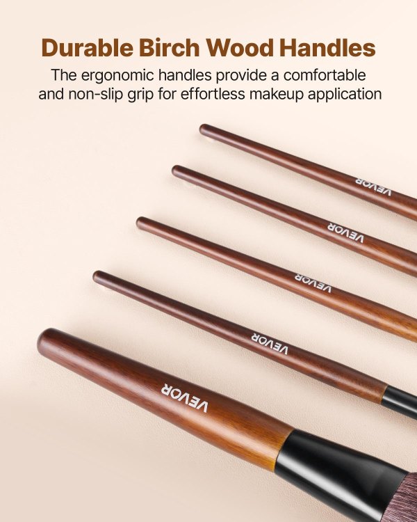 Makeup brushes with durable birch wood handles