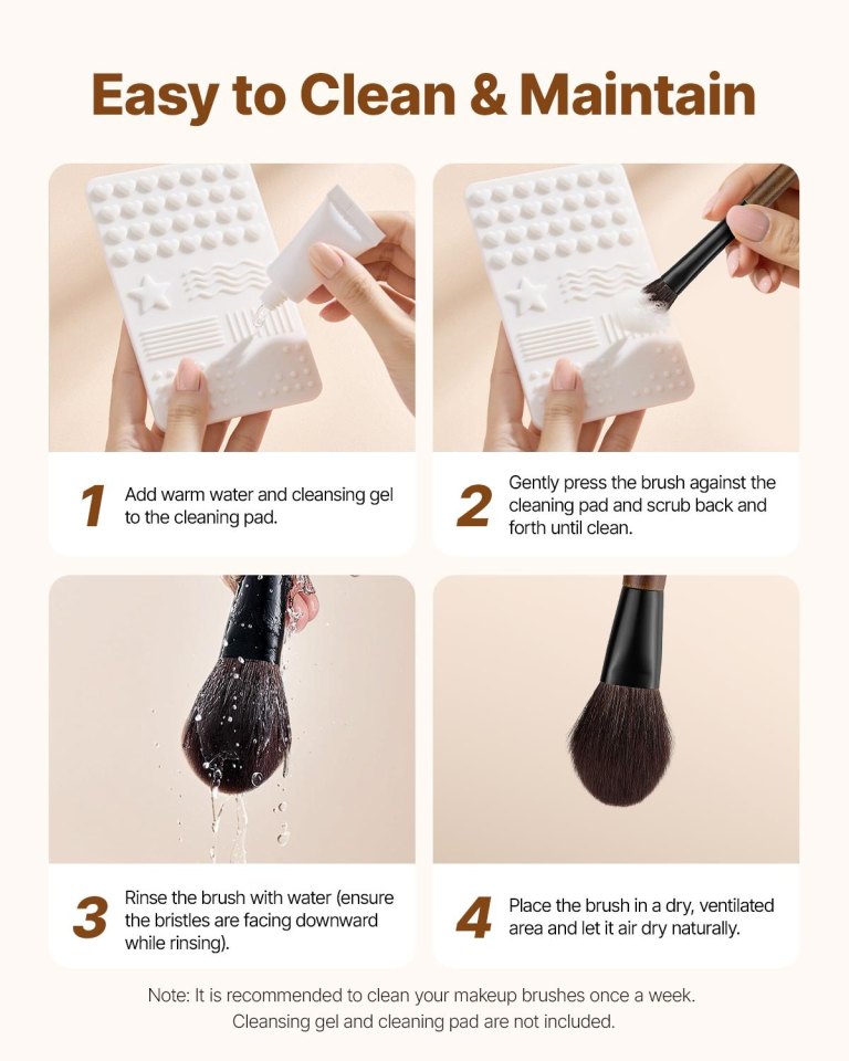 9 piece makeup brush set for foundation blending eyeshadow, professional makeup brush kit with soft natural wool & vegan synthetic bristles, ergonomic wood handle, travel friendly storage bag Steps to clean makeup brushes with pad