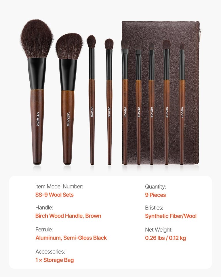 9 piece makeup brush set for foundation blending eyeshadow, professional makeup brush kit with soft natural wool & vegan synthetic bristles, ergonomic wood handle, travel friendly storage bag Nine-piece makeup brush set with storage pouch