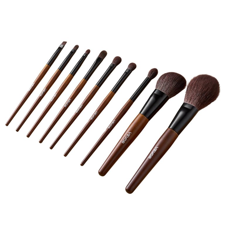 9 piece makeup brush set for foundation blending eyeshadow, professional makeup brush kit with soft natural wool & vegan synthetic bristles, ergonomic wood handle, travel friendly storage bag Set of wooden handle makeup brushes