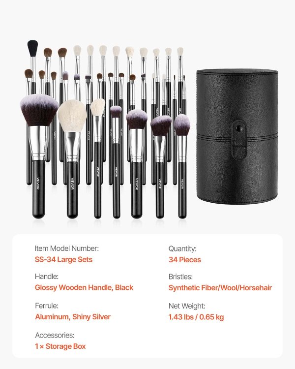 34 piece makeup brush set, professional brushes kit for foundation blending eyeshadow concealer blush with soft bristles, ergonomic wood handle, travel friendly case included 34-piece makeup brush set with storage case