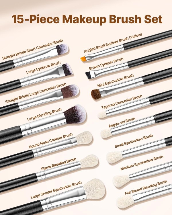 15-piece makeup brush set with labelled brushes