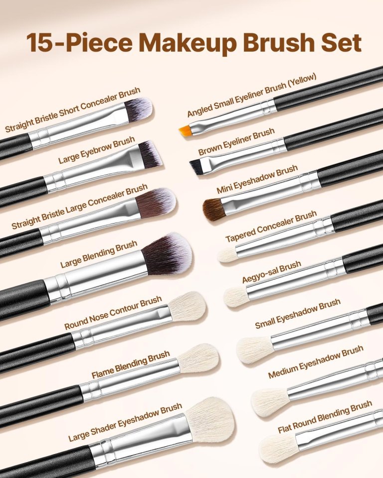 15 piece makeup brush set for foundation blending eyeshadow, professional vegan brushes with soft synthetic bristles, ergonomic wood handle & aluminum ferrule, portable and travel friendly 15-piece makeup brush set with labelled brushes