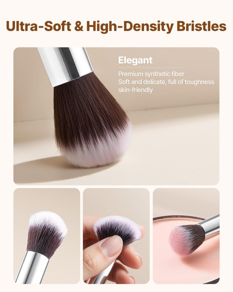 15 piece makeup brush set for foundation blending eyeshadow, professional vegan brushes with soft synthetic bristles, ergonomic wood handle & aluminum ferrule, portable and travel friendly Ultra-soft high-density makeup brush bristles close-up