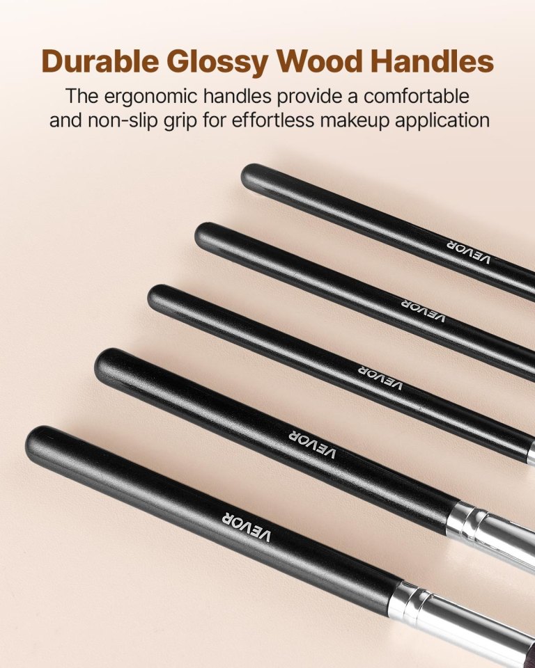 15 piece makeup brush set for foundation blending eyeshadow, professional vegan brushes with soft synthetic bristles, ergonomic wood handle & aluminum ferrule, portable and travel friendly Glossy black wooden makeup brush handles close-up
