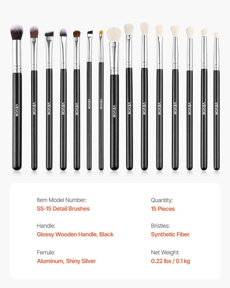 15 piece makeup brush set for foundation blending eyeshadow, professional vegan brushes with soft synthetic bristles, ergonomic wood handle & aluminum ferrule, portable and travel friendly 15-piece black handled detail paint brush set