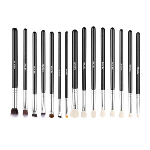 Set of black-handled makeup brushes on white