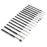 15 piece makeup brush set for foundation blending eyeshadow, professional vegan brushes with soft synthetic bristles, ergonomic wood handle & aluminum ferrule, portable and travel friendly Set of black-handled makeup brushes on white background