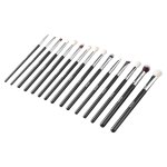 15 piece makeup brush set for foundation blending eyeshadow, professional vegan brushes with soft synthetic bristles, ergonomic wood handle & aluminum ferrule, portable and travel friendly Set of black-handled makeup brushes on white background