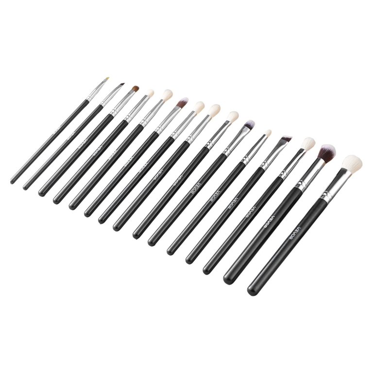 15 piece makeup brush set for foundation blending eyeshadow, professional vegan brushes with soft synthetic bristles, ergonomic wood handle & aluminum ferrule, portable and travel friendly Set of black-handled makeup brushes on white background