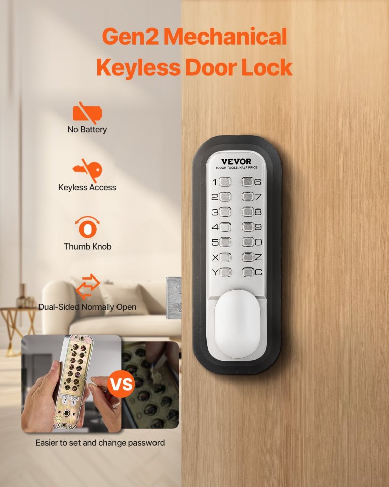 Mechanical keyless door lock with keypad on wooden door