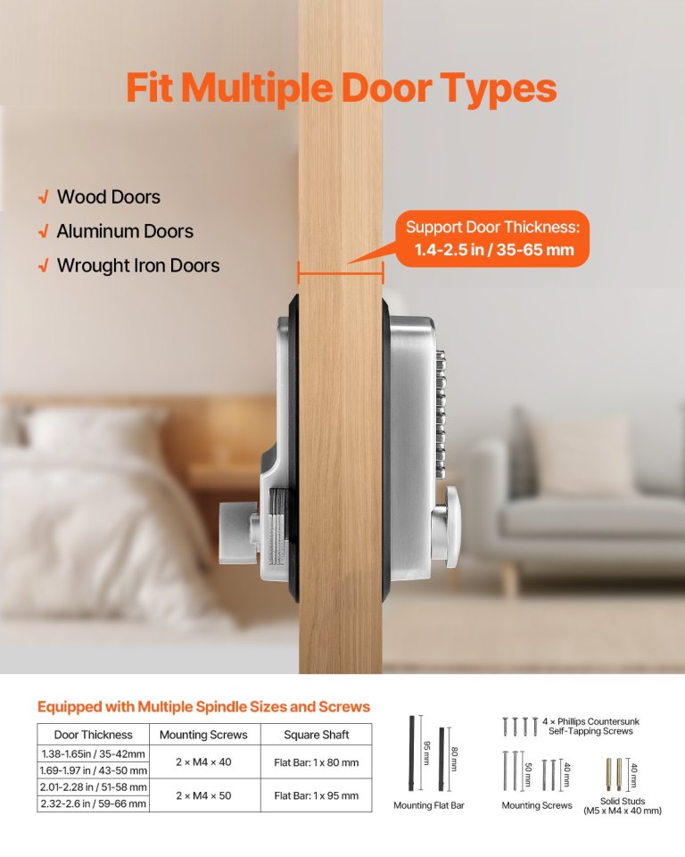 Door lock fitting multiple door types and thicknesses