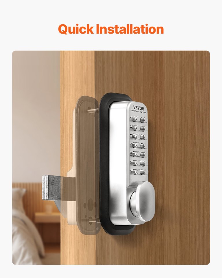 Mechanical keypad door lock on wooden door