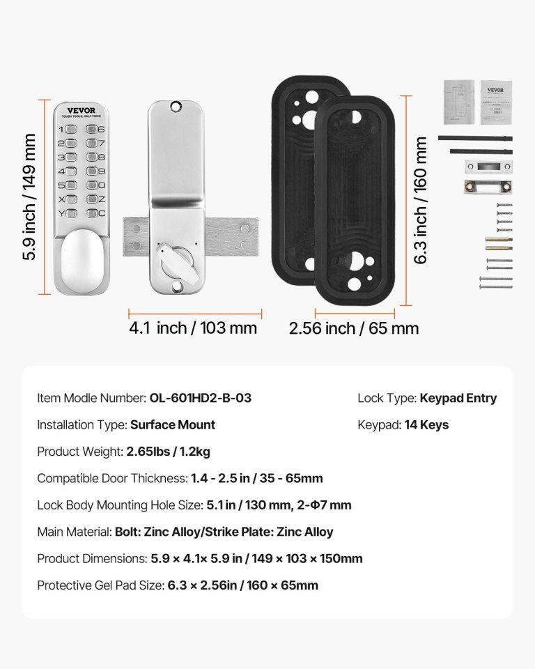 VEVOR keypad door lock with dimensions and accessories