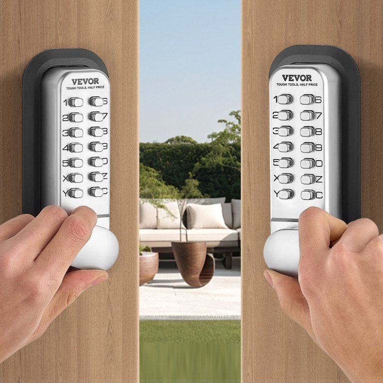 Hands unlocking keypad door lock on wooden doors