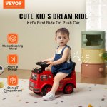 Toddler riding red fire truck push car indoors