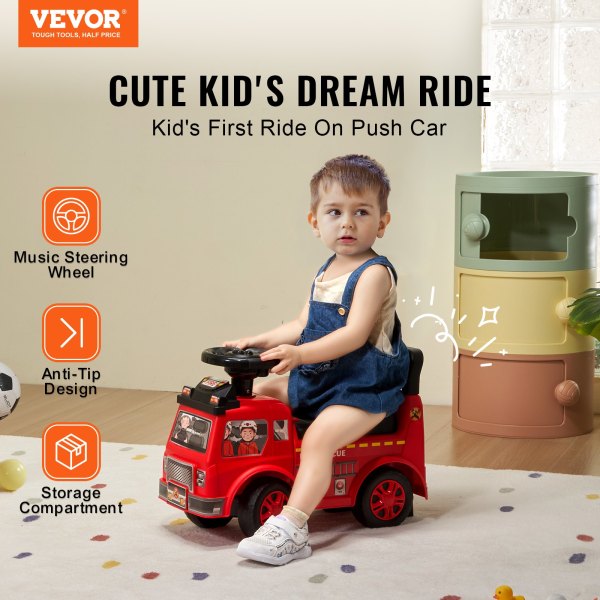 ride on push car for toddlers, ages 1 3, ride racer, sit to stand toddler ride on toy, classic kids ride on car with music steering wheel & under seat storage, ride on toy for boys girls, red Toddler riding red fire truck push car indoors