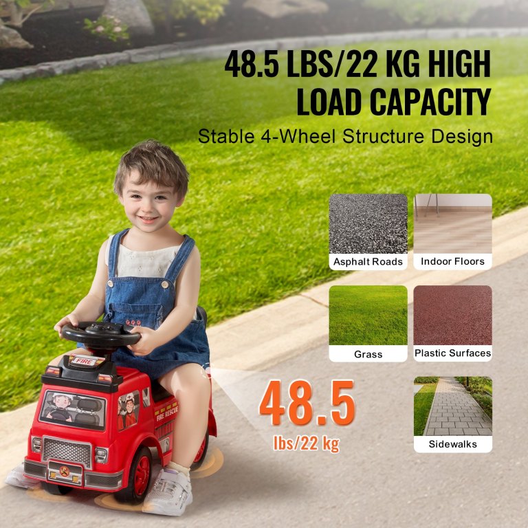 Toddler riding red fire truck toy outdoors