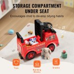 Red ride-on fire truck with under-seat storage