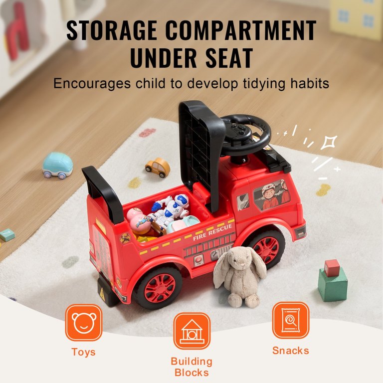 Red ride-on fire truck with under-seat storage