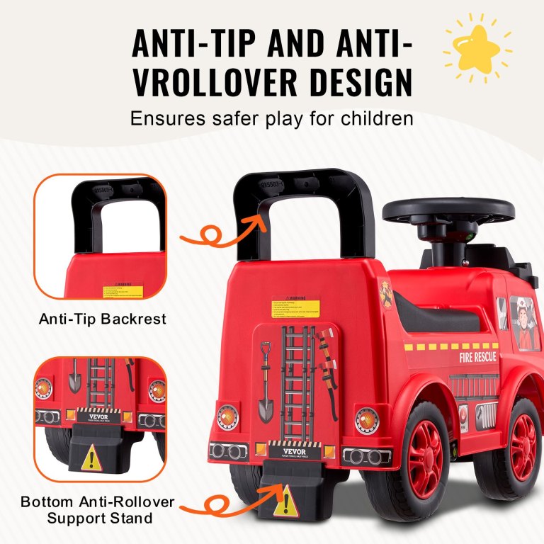 Kids red ride-on fire truck with anti-tip design