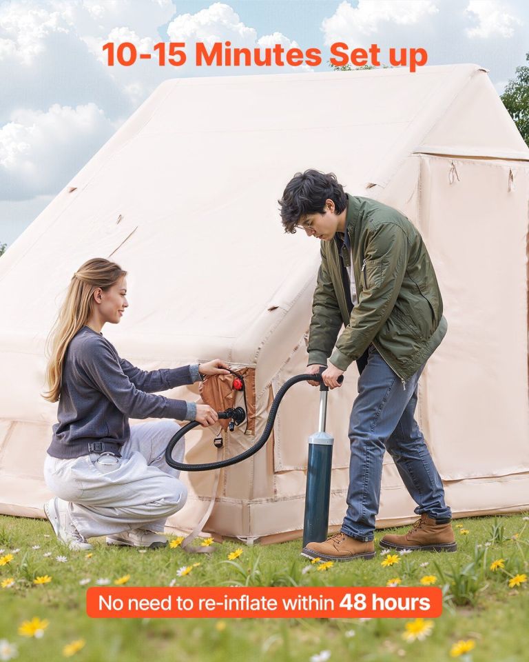Couple inflating camping tent with hand pump