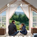 Family relaxing inside glamping tent overlooking lake