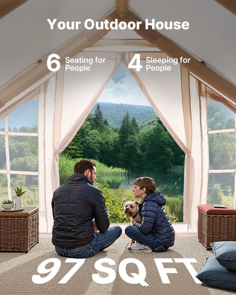 Family relaxing inside glamping tent overlooking lake