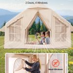 Camping tent with mesh windows in mountains