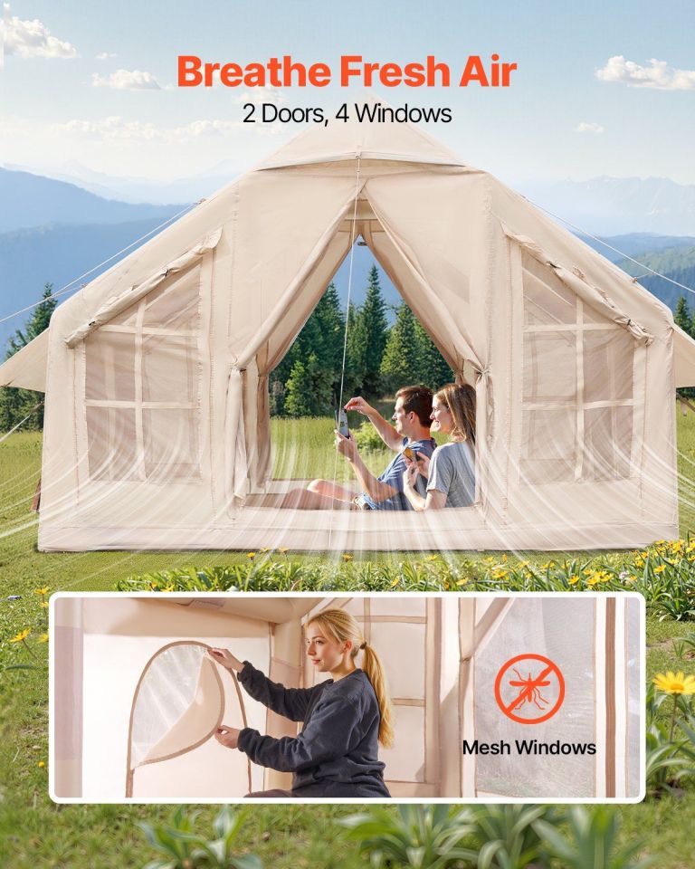 Camping tent with mesh windows in mountains