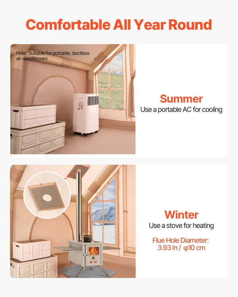 Tent interior with portable AC and stove