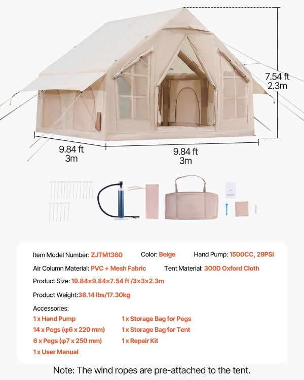 Beige inflatable camping tent with dimensions displayed