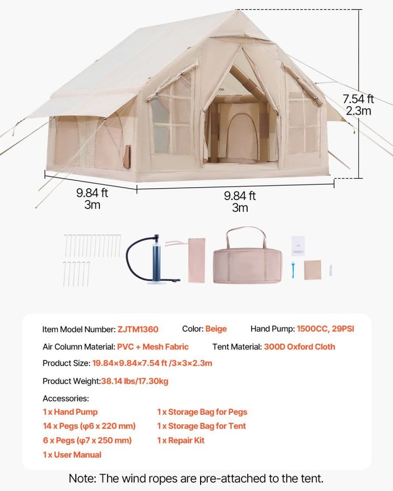 Beige inflatable camping tent with dimensions displayed