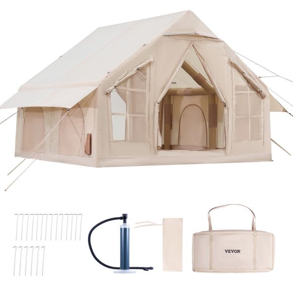 Beige canvas glamping tent with accessories