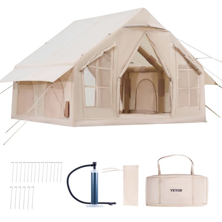 Beige canvas glamping tent with accessories