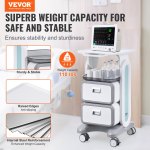 3 tiers lab carts, lab utility cart with 2 drawers & 1 top tray, mobile medical cart with abs material, lab rolling cart with 4 silent wheels for lab, clinic, hospital, salon, white Medical trolley cart with 110 lbs capacity