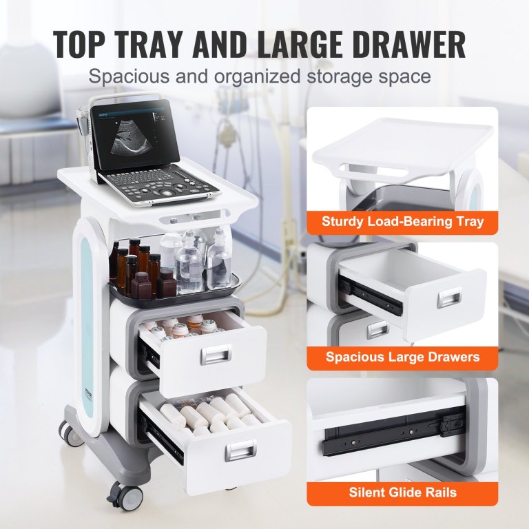 3 tiers lab carts, lab utility cart with 2 drawers & 1 top tray, mobile medical cart with abs material, lab rolling cart with 4 silent wheels for lab, clinic, hospital, salon, white Medical trolley with drawers and ultrasound machine