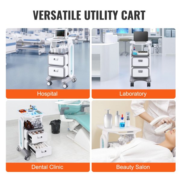 3 tiers lab carts, lab utility cart with 2 drawers & 1 top tray, mobile medical cart with abs material, lab rolling cart with 4 silent wheels for lab, clinic, hospital, salon, white Versatile medical utility cart for multiple settings