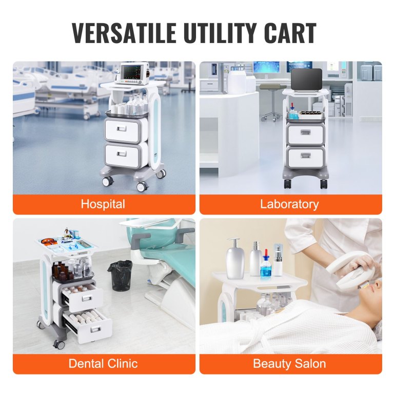 3 tiers lab carts, lab utility cart with 2 drawers & 1 top tray, mobile medical cart with abs material, lab rolling cart with 4 silent wheels for lab, clinic, hospital, salon, white Versatile medical utility cart for multiple settings