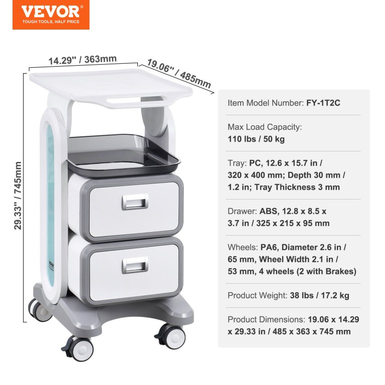 3 tiers lab carts, lab utility cart with 2 drawers & 1 top tray, mobile medical cart with abs material, lab rolling cart with 4 silent wheels for lab, clinic, hospital, salon, white VEVOR medical trolley with drawers and wheels
