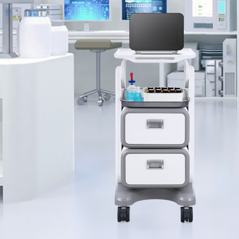 3 tiers lab carts, lab utility cart with 2 drawers & 1 top tray, mobile medical cart with abs material, lab rolling cart with 4 silent wheels for lab, clinic, hospital, salon, white Medical trolley with lab equipment and vials