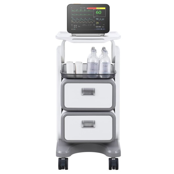 3 tiers lab carts, lab utility cart with 2 drawers & 1 top tray, mobile medical cart with abs material, lab rolling cart with 4 silent wheels for lab, clinic, hospital, salon, white Mobile medical trolley with patient monitor and supplies