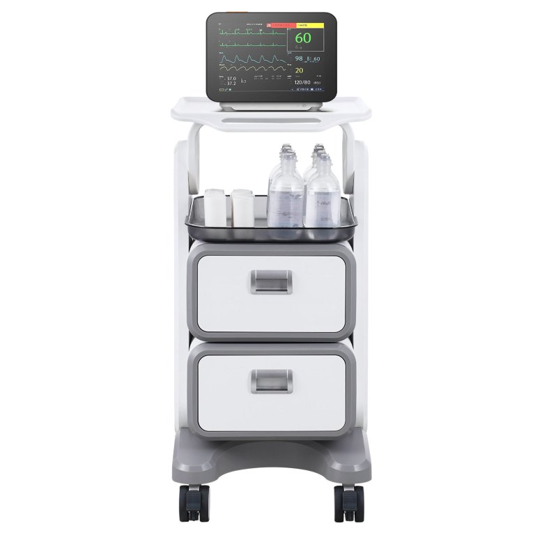 3 tiers lab carts, lab utility cart with 2 drawers & 1 top tray, mobile medical cart with abs material, lab rolling cart with 4 silent wheels for lab, clinic, hospital, salon, white Mobile medical trolley with patient monitor and supplies