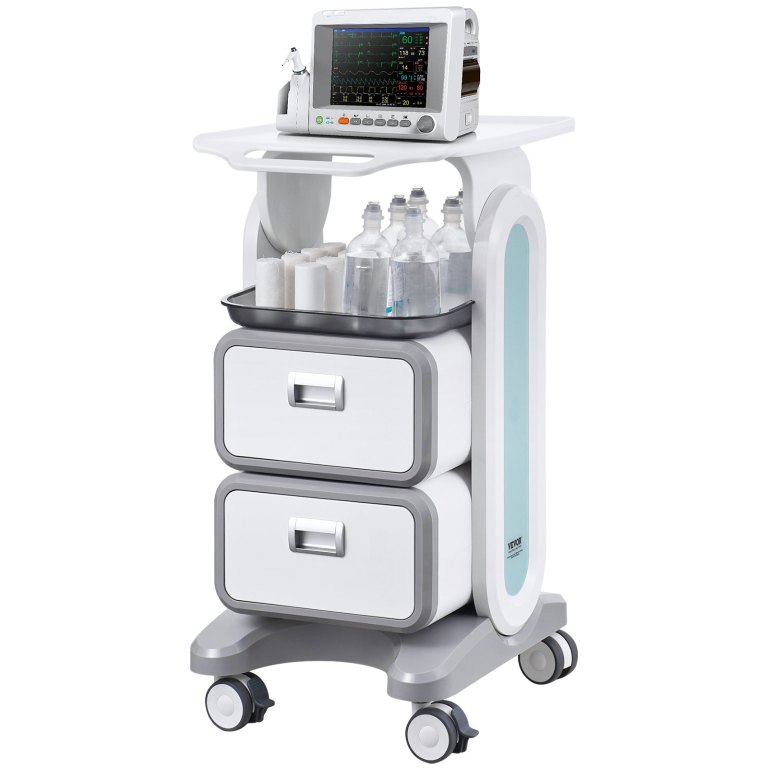 3 tiers lab carts, lab utility cart with 2 drawers & 1 top tray, mobile medical cart with abs material, lab rolling cart with 4 silent wheels for lab, clinic, hospital, salon, white Medical trolley with patient monitor and supplies