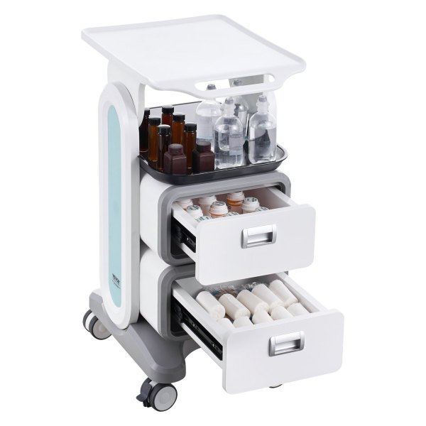 3 tiers lab carts, lab utility cart with 2 drawers & 1 top tray, mobile medical cart with abs material, lab rolling cart with 4 silent wheels for lab, clinic, hospital, salon, white Medical trolley with drawers and supplies
