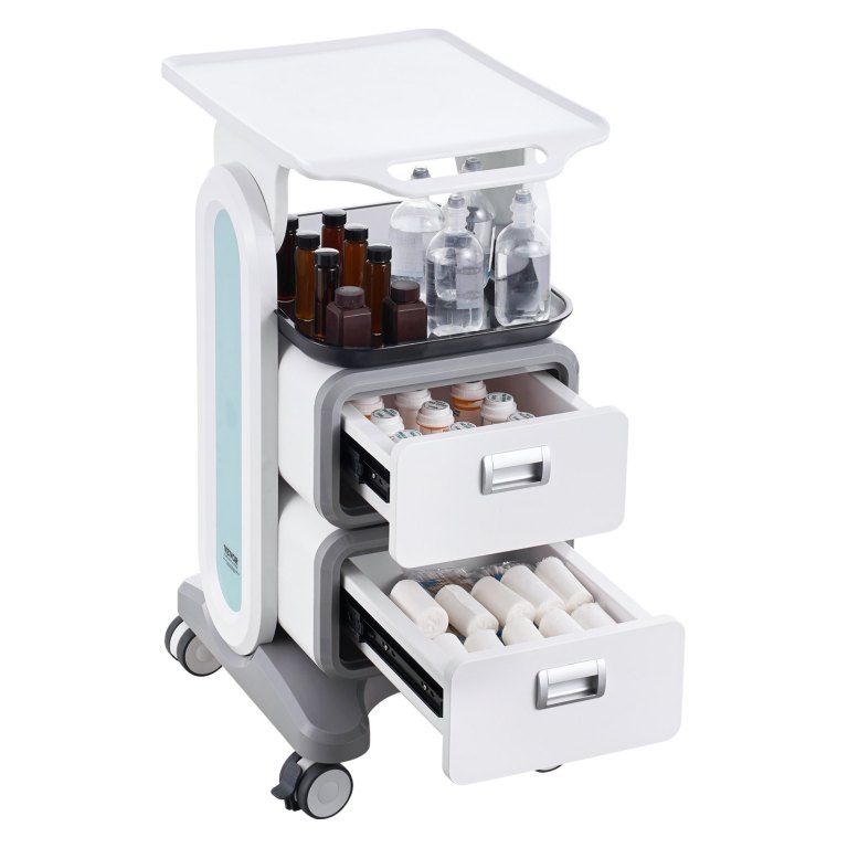 3 tiers lab carts, lab utility cart with 2 drawers & 1 top tray, mobile medical cart with abs material, lab rolling cart with 4 silent wheels for lab, clinic, hospital, salon, white Medical trolley with drawers and supplies
