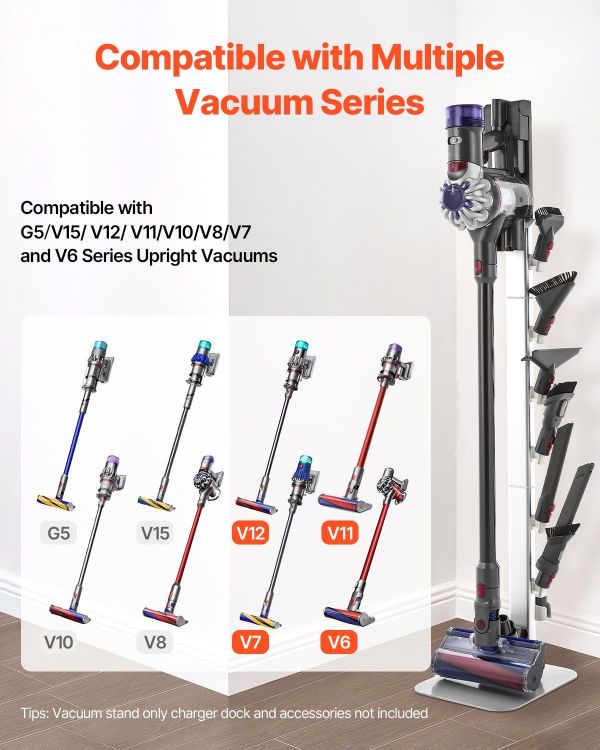 vacuum stand, compatible with dyson g5 v15 v12 v11 v10 v8 v7 v6 series upright vacuums cleaners & accessories, stable vacuum stand holder with 6 hooks and non slip footpads, gray Vacuum stand compatible with multiple Dyson models