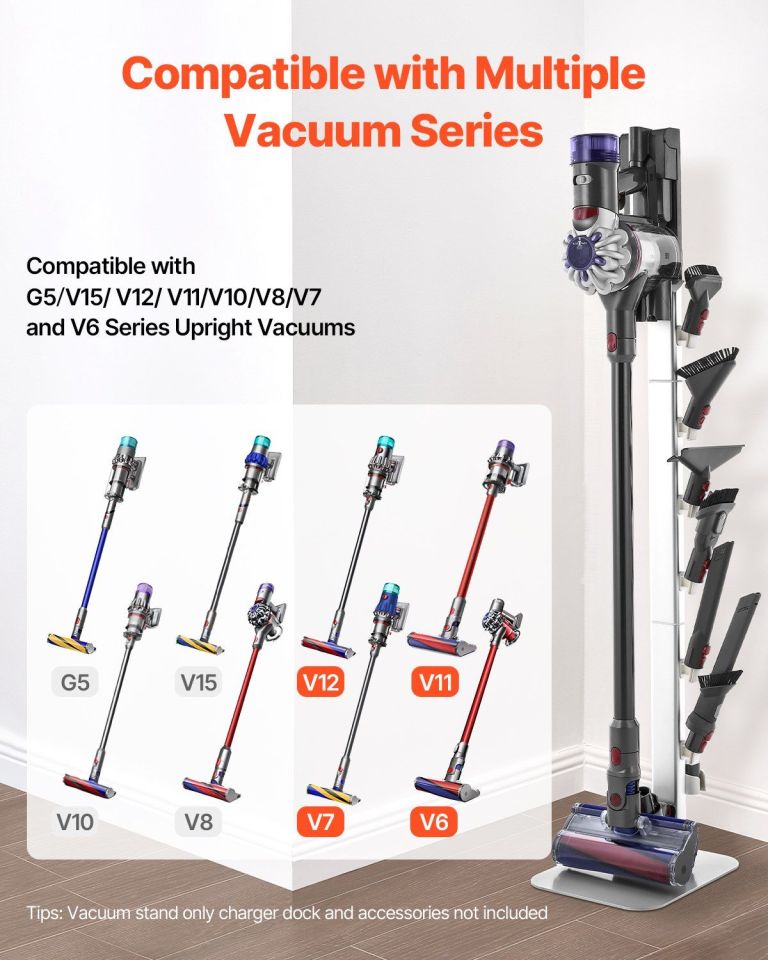 vacuum stand, compatible with dyson g5 v15 v12 v11 v10 v8 v7 v6 series upright vacuums cleaners & accessories, stable vacuum stand holder with 6 hooks and non slip footpads, gray Vacuum stand compatible with multiple Dyson models