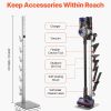 vacuum stand, compatible with dyson g5 v15 v12 v11 v10 v8 v7 v6 series upright vacuums cleaners & accessories, stable vacuum stand holder with 6 hooks and non slip footpads, gray Freestanding vacuum stand with organised attachments and charger
