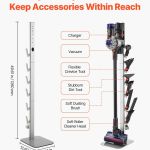 vacuum stand, compatible with dyson g5 v15 v12 v11 v10 v8 v7 v6 series upright vacuums cleaners & accessories, stable vacuum stand holder with 6 hooks and non slip footpads, gray Freestanding vacuum stand with organised attachments and charger